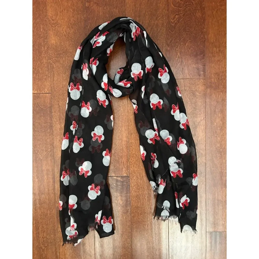 Disney Black Scarf, White Minnie Mouse Silhouette with Red Bow Print, Rectangle